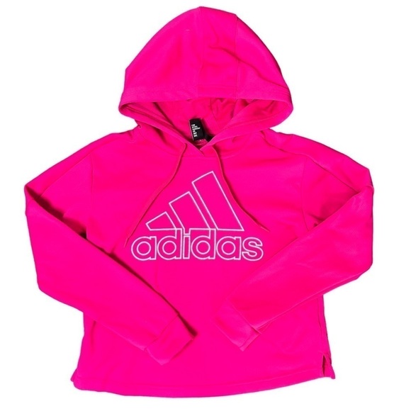 Adidas Bright Hot Pink Pullover Hooded Logo Fleece Lined Sweatshirt Size Small - Picture 4 of 16